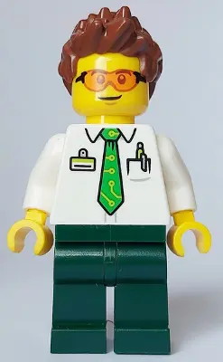 Electric Scooter Rider - Male, White Shirt with Bright Green Tie, Dark Green Legs, Reddish Brown Spi