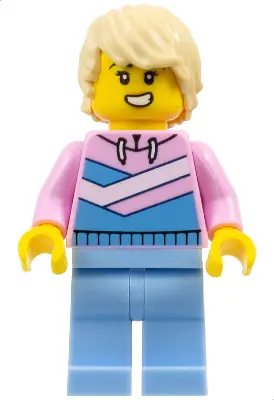 Tuk Tuk Driver - Female, Bright Pink Hoodie with Medium Blue and White Diagonal Stripes, Bright Ligh