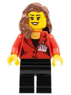 Camerawoman - Red Suit Jacket with Press Pass, Black Legs, Reddish Brown Female Hair over Shoulder, 