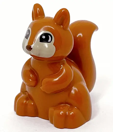 Dark Orange Duplo Squirrel with Tan Face, Black and White Eyes, and Reddish Brown Nose Pattern