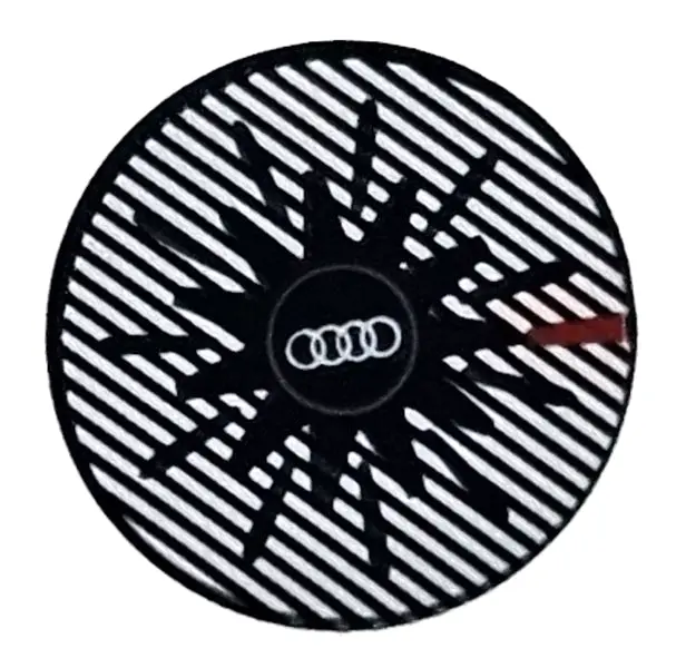 Black Tile, Round 2 x 2 with Bottom Stud Holder with White Audi Logo, Silver Stripes, and Red Stripe