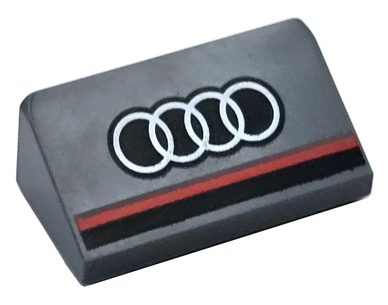 Dark Bluish Gray Slope 30 1 x 2 x 2/3 with Black and Red Stripes and White Audi Logo Pattern