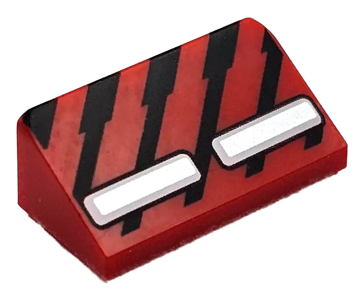 Red Slope 30 1 x 2 x 2/3 with Black Diagonal Stripes and 2 Silver and White Rectangles Pattern