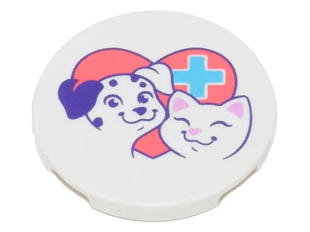 White Tile, Round 3 x 3 with Coral Heart with Medium Azure Cross, Smiling Dog and Cat Pattern