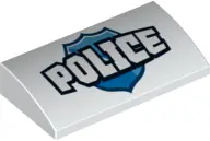 White Slope, Curved 2 x 4 x 2/3 with Bottom Tubes with 'POLICE' over Blue Badge Pattern
