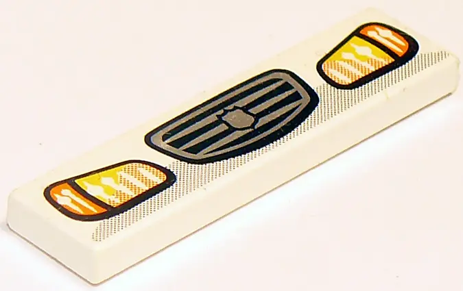 White Tile 1 x 4 with Headlights and Grille with Badge Pattern