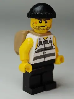 Police - Jail Prisoner Shirt with Prison Stripes and Torn out Sleeves, Black Legs, Black Knit Cap, O