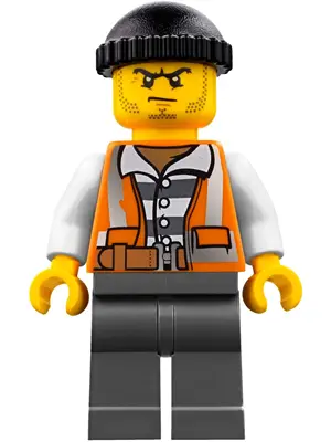 Police - City Bandit Crook Orange Vest, Dark Bluish Gray Legs, Black Knit Cap, Beard Stubble and Sco