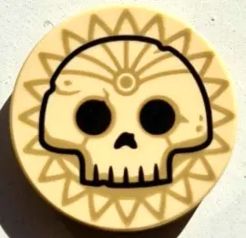 Tan Tile, Round 2 x 2 with Bottom Stud Holder with Black Skull Outline on Dark Tan Sun Pattern