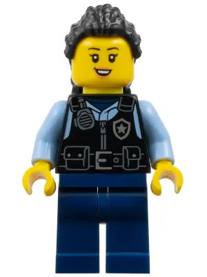 Police - City Officer Female, Black Safety Vest with Silver Star Badge Logo, Dark Blue Legs, Black H