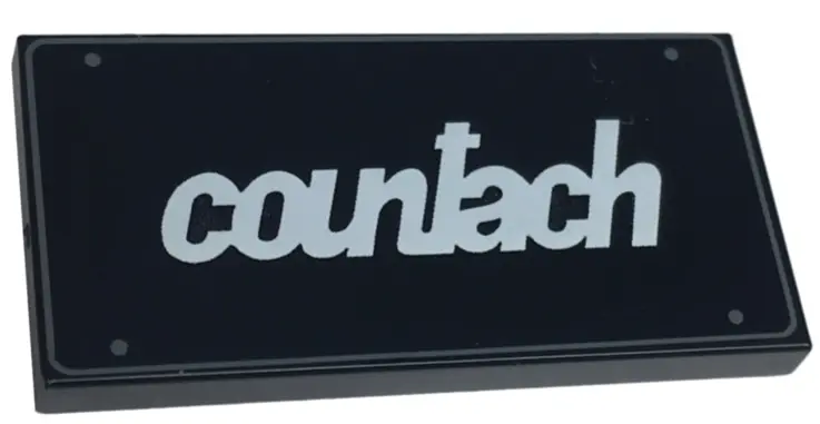 Black Tile 2 x 4 with License Plate with White 'countach', Dark Bluish Gray Screws and Border Patter