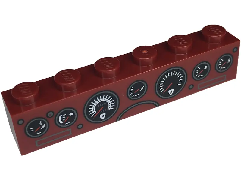 Dark Red Brick 1 x 6 with Lamborghini Countach Dashboard with Speedometer, Gauges and Odometer Patte