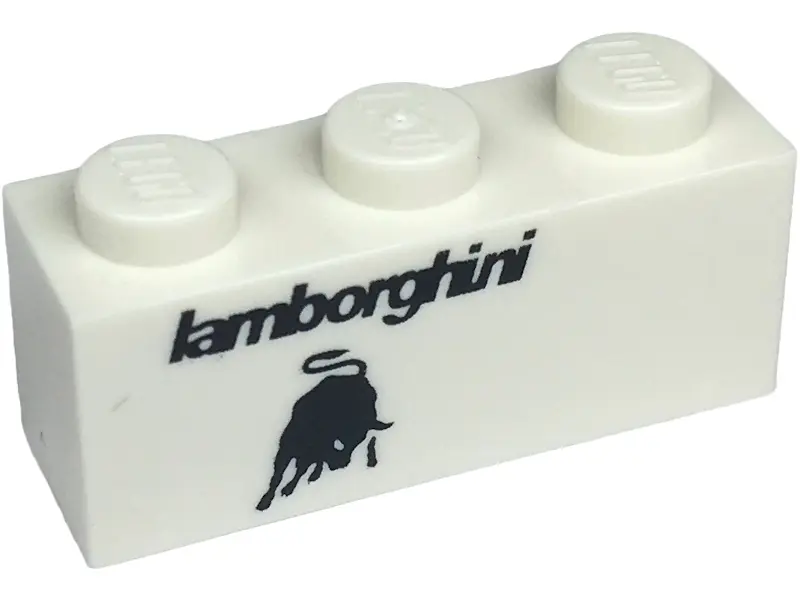 White Brick 1 x 3 with Black 'lamborghini' and Bull Logo Pattern