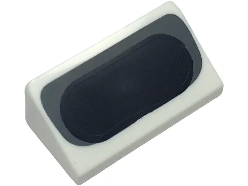White Slope 30 1 x 2 x 2/3 with Black Oval and Dark Bluish Gray Air Intake Pattern