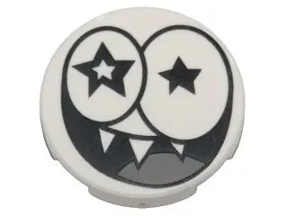 White Tile, Round 2 x 2 with Bottom Stud Holder with Black Star Eyes and Smile with Sharp Teeth (Nix