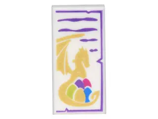 White Tile 1 x 2 with Dark Purple Markings and Gold Dragon Holding 5 Colored Eggs Pattern