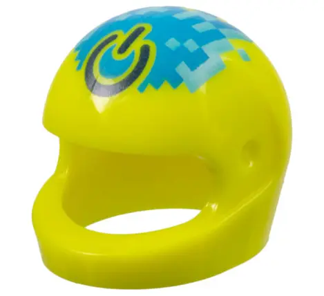 Neon Yellow Minifigure, Headgear Helmet Motorcycle (Standard) with Dark Blue Power Symbol on Pixelat