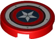 Red Tile, Round 2 x 2 with Bottom Stud Holder with White Ring, Star in Dark Blue Circle Pattern (Cap
