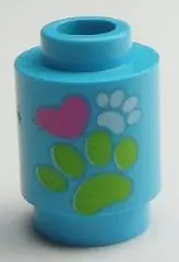 Medium Azure Brick, Round 1 x 1 with Paw Prints and Heart Pattern