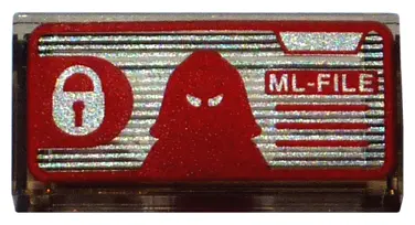 Trans-Brown Tile 1 x 2 with Padlock, Head Mask and 'ML-FILE' Pattern