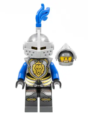 Castle - King's Knight Armor with Lion Head with Crown, Helmet with Pointed Visor, Blue Plume, Angry