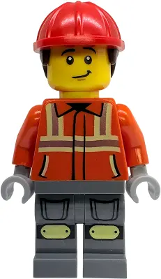 Worker - Male, Reddish Orange Safety Jacket with Reflective Stripes, Dark Bluish Gray Legs with Knee