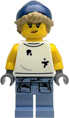 Truck Operator - Female, White Sleeveless Shirt with Oil Stains, Sand Blue Legs with Shirt Sleeves w