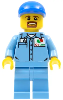Medium Blue Uniform Shirt with Pocket and Octan Logo, Medium Blue Legs, Blue Short Bill Cap, Goatee