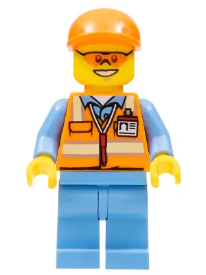 Orange Safety Vest with Reflective Stripes, Medium Blue Legs, Orange Short Bill Cap, Orange Sunglass