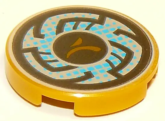 Pearl Gold Tile, Round 2 x 2 with Bottom Stud Holder with Rune Designs and Blue Pixels Pattern