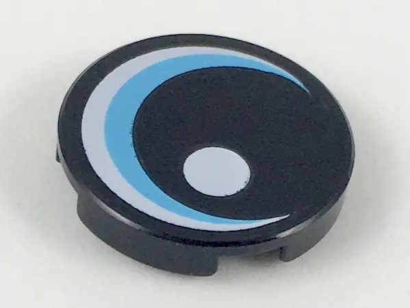 Black Tile, Round 2 x 2 with Bottom Stud Holder with Large Eye with White Glint and Medium Azure Iri