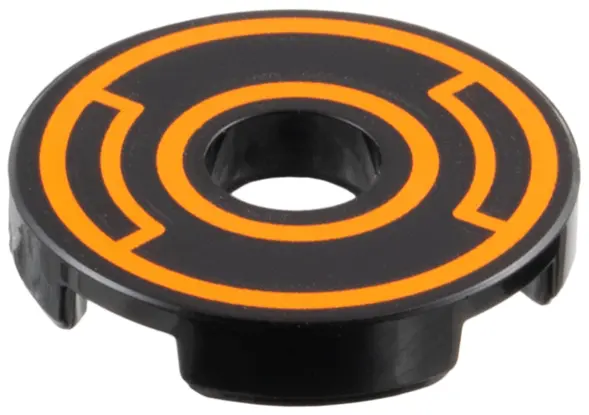 Black Tile, Round 2 x 2 with Hole with Orange Concentric Circles with Insets Pattern