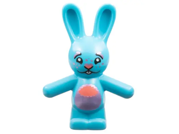 Medium Azure Bunny / Rabbit Standing with Coral and Metallic Pink Nose and Stomach, Dots and Stars o