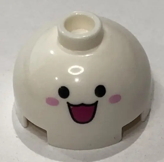 White Brick, Round 2 x 2 Dome Top with Open Mouth Smile, Eyes and Pink Cheeks Pattern