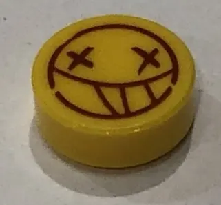 Yellow Tile, Round 1 x 1 with Smilie Face and X Eyes Pattern