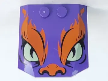 Dark Purple Wedge 4 x 4 x 2/3 Triple Curved with Orange Flames and Nose, Yellowish Green Eyes, Black
