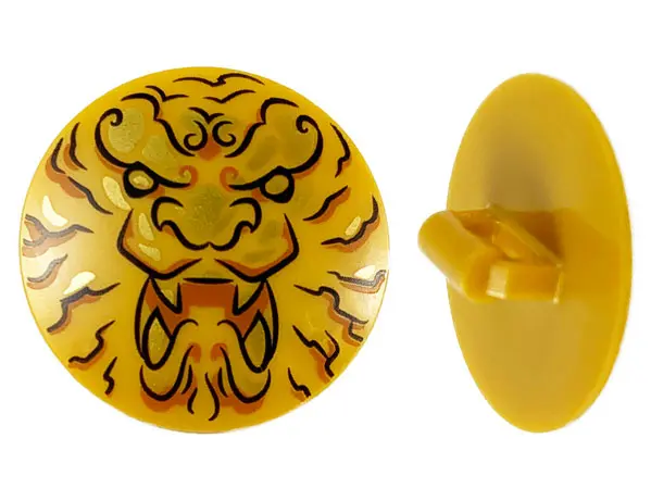 Pearl Gold Minifigure, Shield Circular / Round Convex Face with Black and Gold Ninjago Lion Head Pat