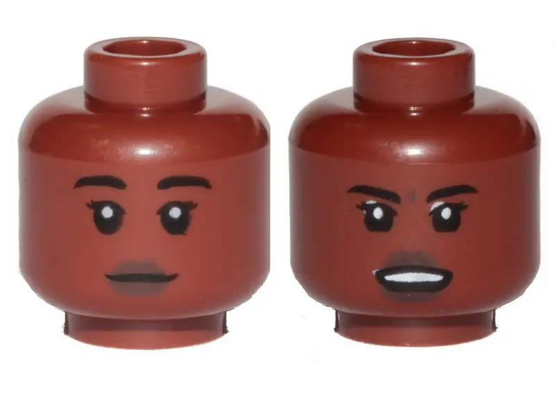Reddish Brown Minifigure, Head Dual Sided Female, Dark Brown Lips, Black Eyebrows, Neutral / Angry P