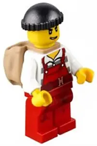 Police - City Bandit Male with Red Overalls, Black Knit Cap, Backpack, Lopsided Open Mouth Smile