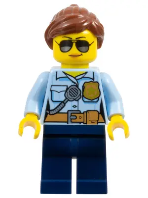 Police - City Officer Female, Bright Light Blue Shirt with Badge and Radio, Dark Blue Legs, Reddish 