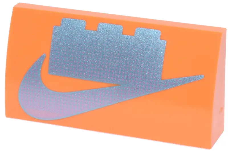 Orange Slope, Curved 2 x 4 x 2/3 with Bottom Tubes with Metallic Light Blue Nike Swoosh Logo and 1 x