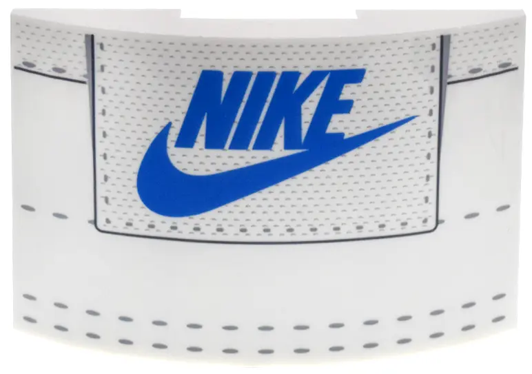 White Slope, Curved 6 x 4 Double with Blue 'NIKE' and Swoosh Logo, Light Bluish Gray Dots and Stitch