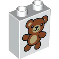 White Duplo, Brick 1 x 2 x 2 with Reddish Brown Teddy Bear Pattern