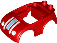 Red Duplo Car Body with 2 Studs on Back and White Headlights with Shadow and Racing Stripes Pattern 