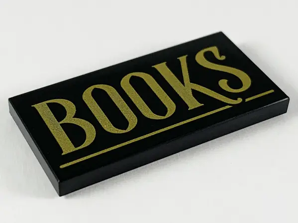 Black Tile 2 x 4 with Gold 'BOOKS' and Underline Pattern