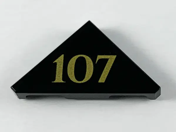 Black Tile, Modified 2 x 2 Triangular with Gold '107' Pattern