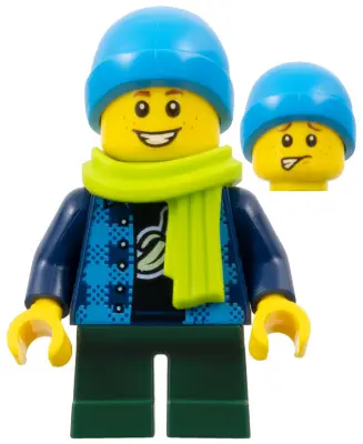 Child - Boy, Flannel Vest over Shirt with Banana, Dark Green Short Legs, Dark Azure Beanie, Freckles