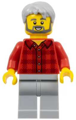 Male, Red Plaid Flannel Shirt, Light Bluish Gray Legs, Light Bluish Gray Hair, Dark Bluish Gray Bear