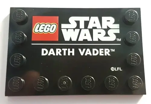 Black Tile, Modified 4 x 6 with Studs on Edges with Star Wars Logo and 'DARTH VADER' Pattern