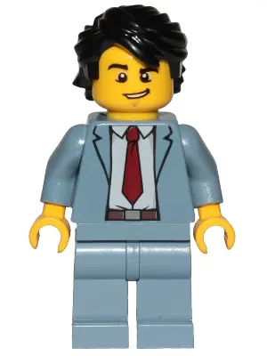 Reporter - Sand Blue Suit, Dark Red Tie, Black Hair Swept Back Tousled